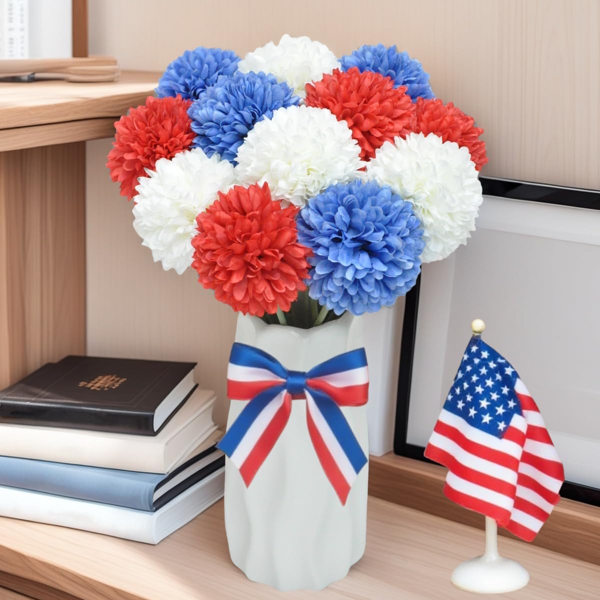 Artificial Flowers Chrysanthemum Ball Flowers 4th of July 12pcs Bouquet Present for Important People Glorious Moral for Home Office Coffee House Deco Parties and Wedding(White&Red&Blue)