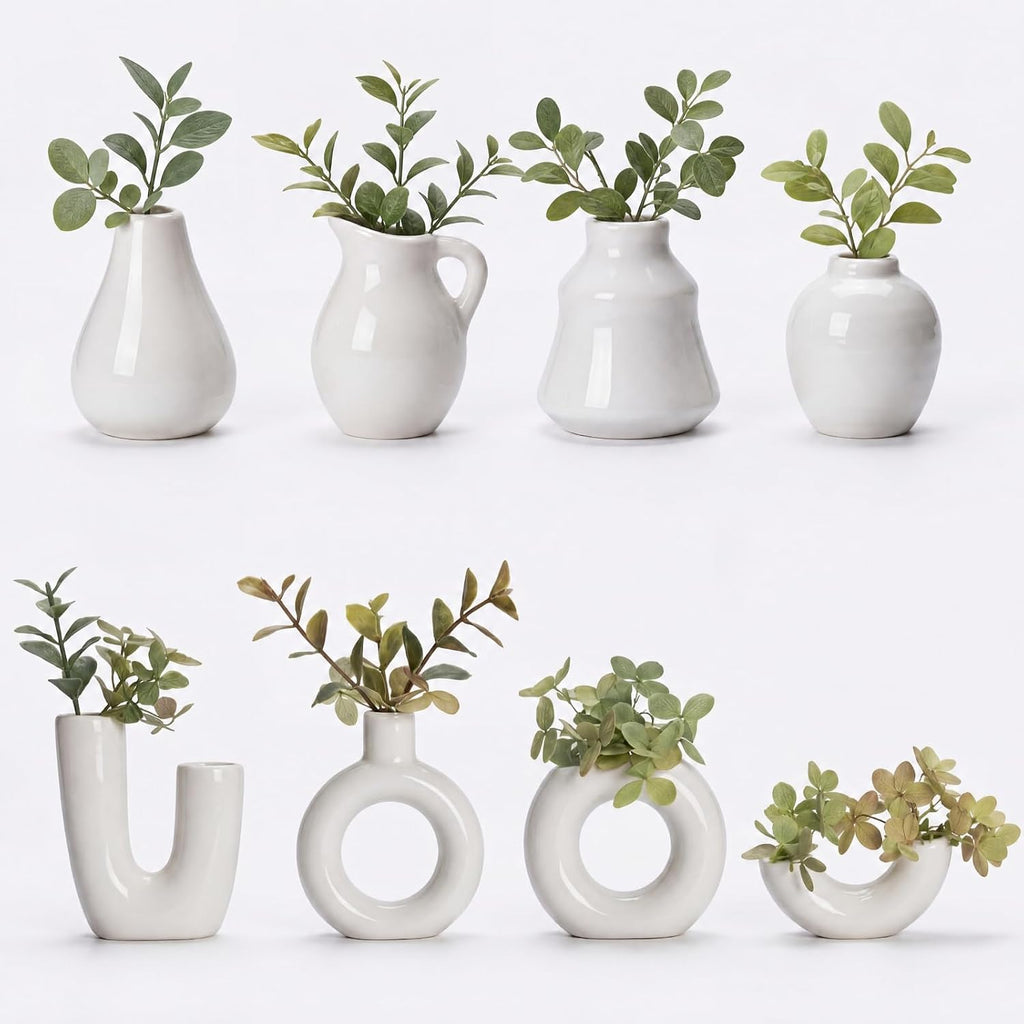 Hushee 8 Pcs Small White Ceramic Vase Fridge Magnets, 2.36 Inch Minimalist Nordic 3D Plant Magnets for Refrigerator, Modern Boho Cute Magnetic Mini Bud Decorative Vases for Kitchen Office Locker Decor