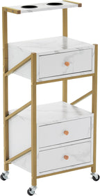 BarberPub Salon Trolley Cart with Wheels Rolling Cart Barber Station with Drawers Marbled Board for Beauty Salon Makeup Storage with 2 Hair Dryer Holders 2042 (White)