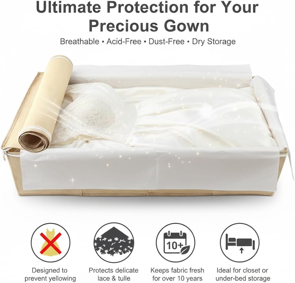 Wedding Dress Storage Box with 30 Acid-Free Paper and Microfiber Gloves, Large Wedding Dress Preservation Box Beige Storage Boxs for Weddingdress Heirlooms Gowns