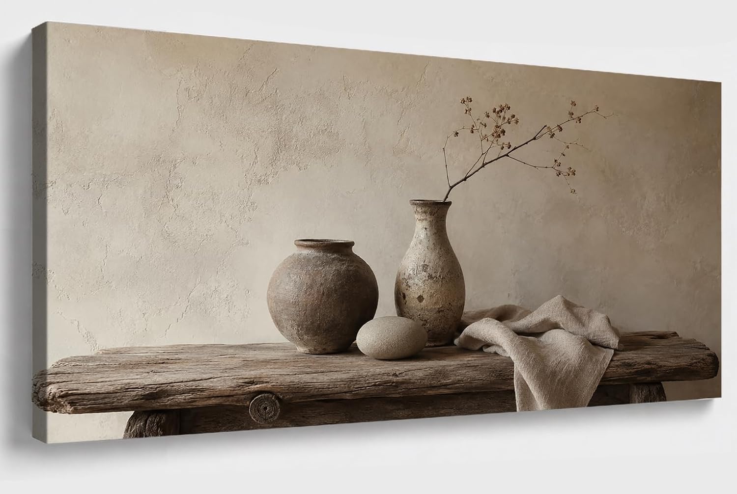 JILLICK Rustic Pottery Canvas Wall Art, Neutral Vase Still Life Horizontal Wall Decor for Living Room Dining Room Office 58x28 Inch, Large Horizontal Wall Art for Living Room Above Sofa