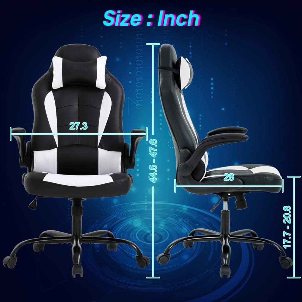Ergonomic Gaming Office Chair - High Back Executive Computer Chair with Lumbar Support & Flip-Up Arms, PU Leather Adjustable Swivel Chair for Women/Men, Height Adjustable Massage Desk Chair (White)