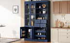 Merax Wood Kitchen Pantry with 4 Drawers, 3 Cabinets and Hutch, Tall Cupboard Dining Storage Cabinet with Door Shelves and Pull-Out Trays for Living Room, Kitchen, Dining Room Blue
