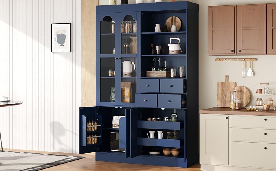 Merax Wood Kitchen Pantry with 4 Drawers, 3 Cabinets and Hutch, Tall Cupboard Dining Storage Cabinet with Door Shelves and Pull-Out Trays for Living Room, Kitchen, Dining Room Blue