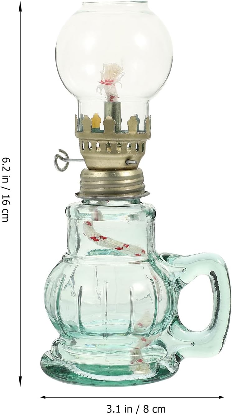 FAVOMOTO Vintage Glass Kerosene Oil Lamp Retro Style Oil Lantern for Indoor Home Décor, Emergency Lighting, Round Teal Lantern