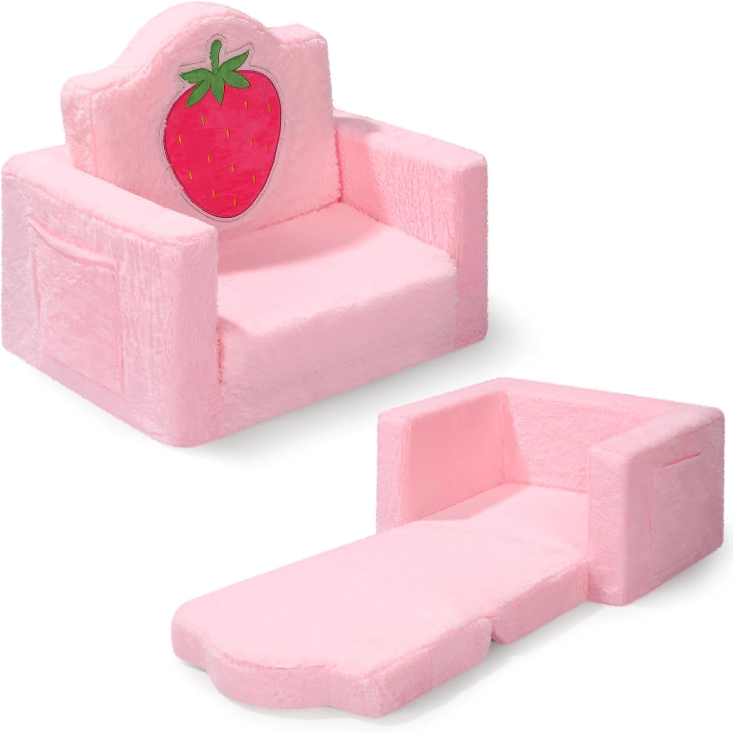 Novabright Kids Chair or Couch for Toddler, 2-in-1 Soft Foldable Couch, Comfy Toddler Chair, Convertible Sofa to Lounger, Gifts for Kids Girl Boys for Birthday, Children's Day (Strawberry)