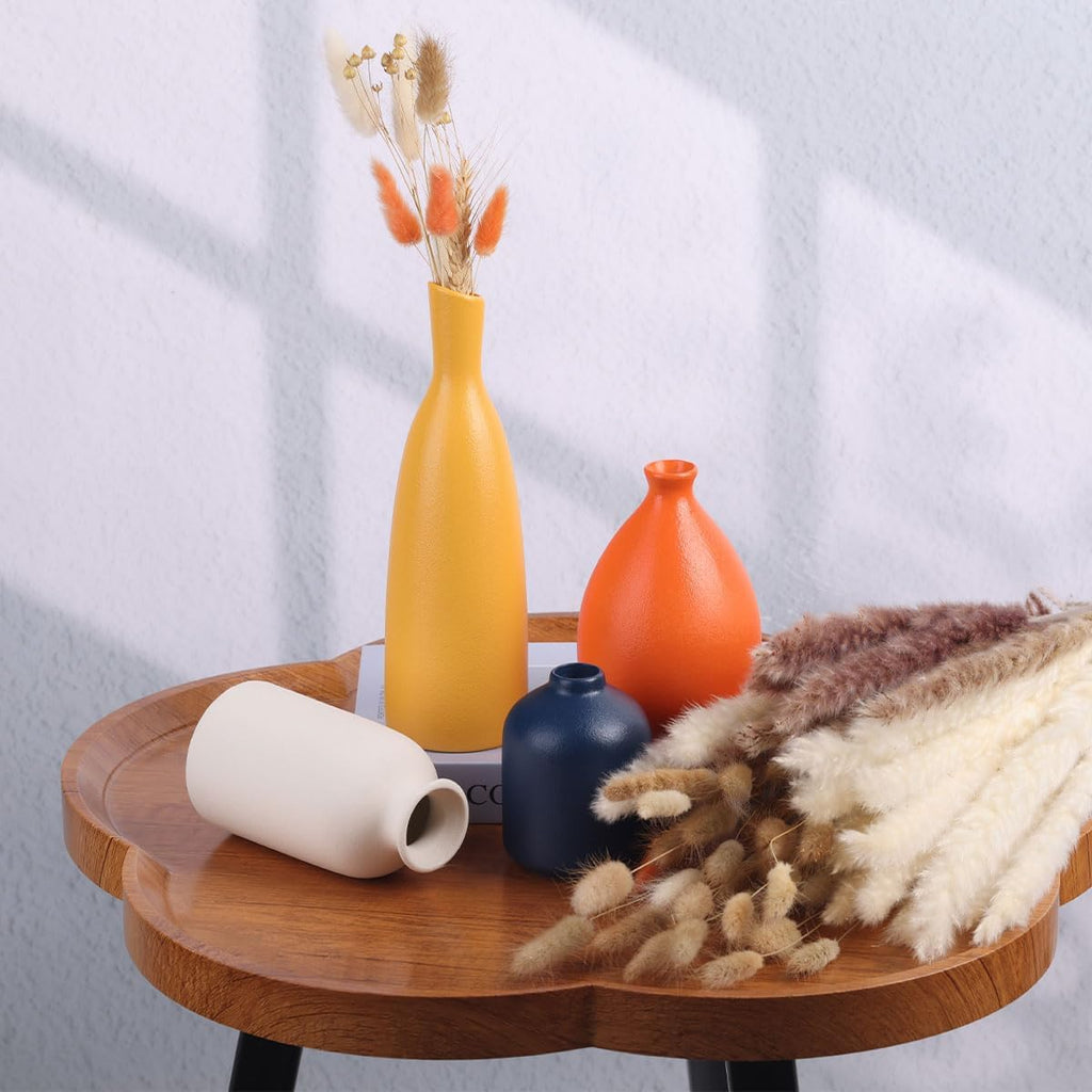 Colorful Ceramic Bud Vases Set of 4 - Modern Yellow, Orange, Blue Small Vases for Home Decor - Ideal for Living Room, Kitchen, Office, Bathroom, Mantle, Entrance, Farmhouse & Coffee Table Decorations