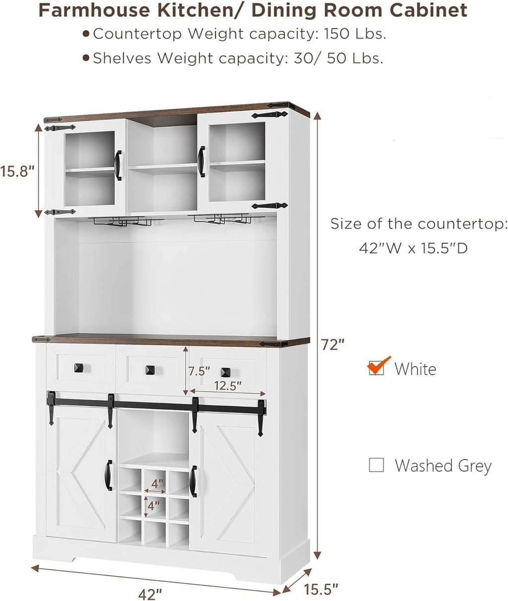 72" Kitchen Pantry Storage Cabinet with Hutch and Sliding Barn Door, Farmhouse Tall Buffet Cabinet with Drawers, Large Coffee Bar with Wine & Glasses Rack, for Home Living Room, White