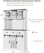 72" Kitchen Pantry Storage Cabinet with Hutch and Sliding Barn Door, Farmhouse Tall Buffet Cabinet with Drawers, Large Coffee Bar with Wine & Glasses Rack, for Home Living Room, White