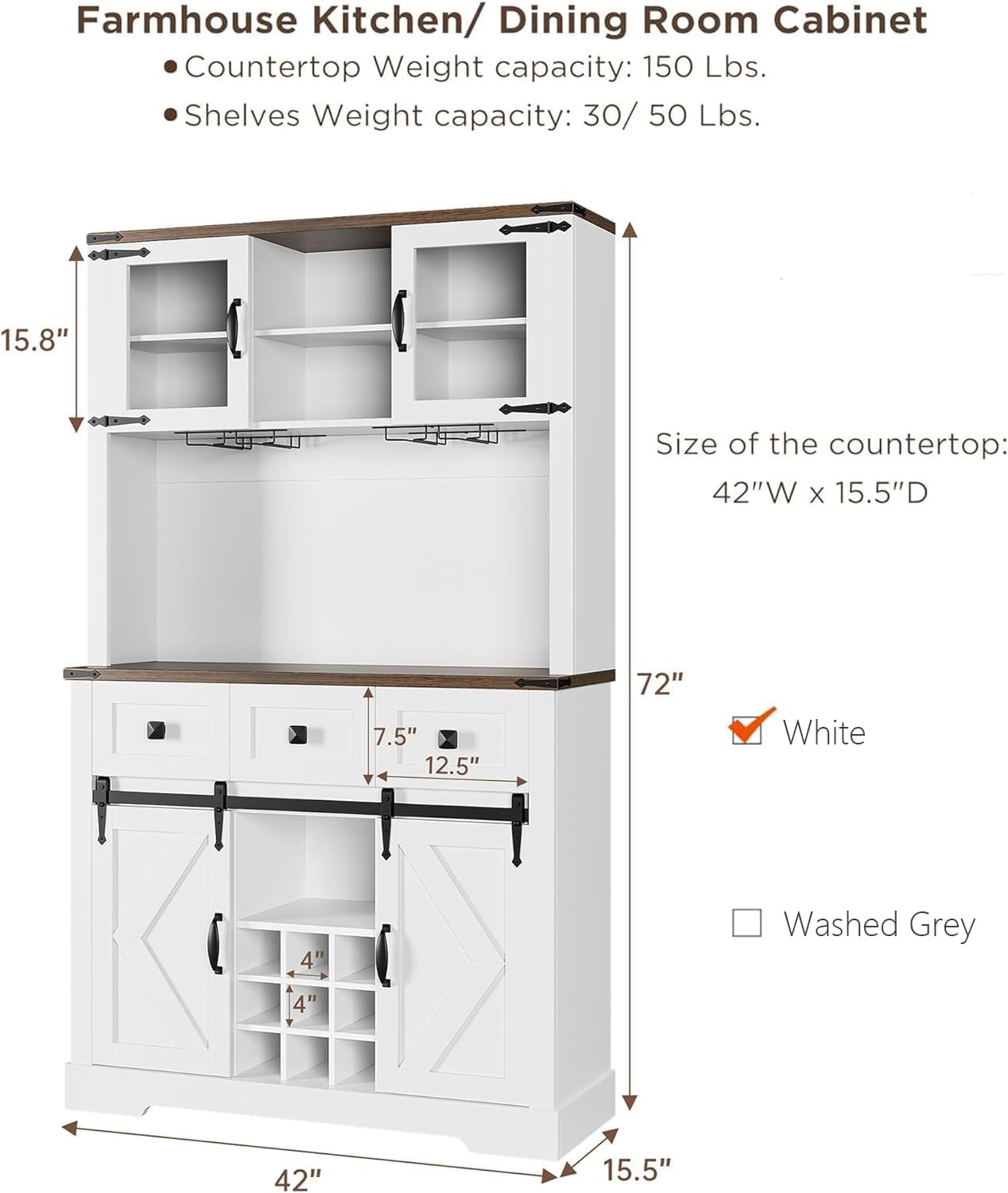72" Kitchen Pantry Storage Cabinet with Hutch and Sliding Barn Door, Farmhouse Tall Buffet Cabinet with Drawers, Large Coffee Bar with Wine & Glasses Rack, for Home Living Room, White