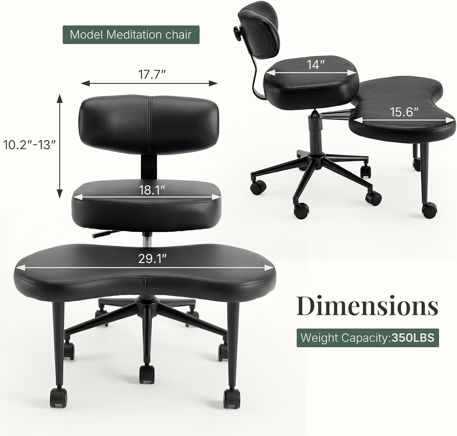 Ergonomic Cross Legged Office Chair with Adjustable Backrest and Seat, 360° Swivel Meditation PU Leather Yoga Stool Desk Chair for ADHD with Footrest, 350lbs Capacity, Black