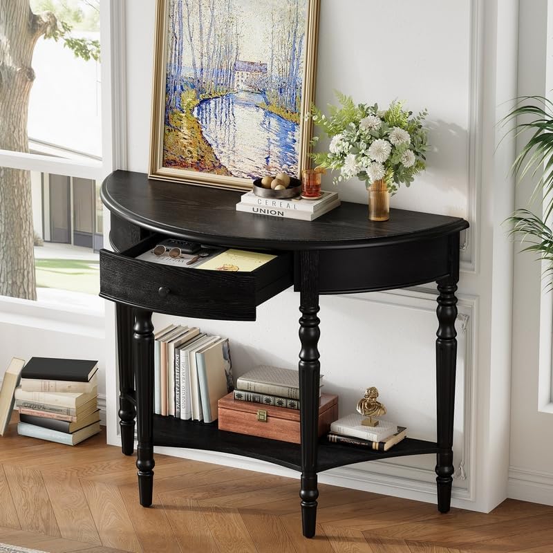 Polibi Half Moon Console Table, Entryway Table with Drawer & Shelf, Adjustable Feet, Rustic Vintage Design, Sofa Table for Entryway, Living Room, Hallway and Foyer, Black