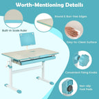 Costzon Kids Desk, Ergonomic Height-Adjustable Children Study Table w/Tiltable Desktop & Book Stand, Pull-Out Storage Drawer & Scale Ruler, Student Workstation for Writing, Drawing, Reading (Blue)