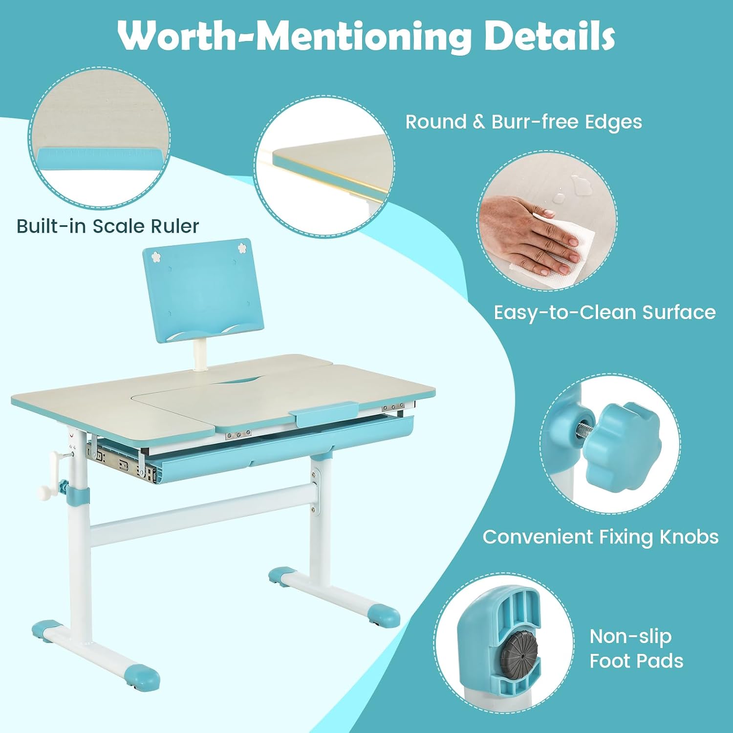 Costzon Kids Desk, Ergonomic Height-Adjustable Children Study Table w/Tiltable Desktop & Book Stand, Pull-Out Storage Drawer & Scale Ruler, Student Workstation for Writing, Drawing, Reading (Blue)