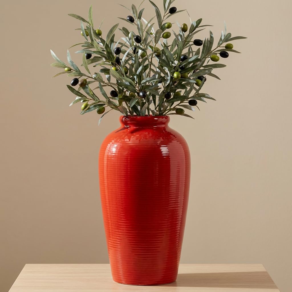 Red Ceramic Vase for Home Decor - 11 Inch Tall Modern Decorative Vase for Centerpieces, Boho Flower Vase for Pampas Grass, Christmas, Living Room, Kitchen, Fireplace, Entryway, Shelf Decor