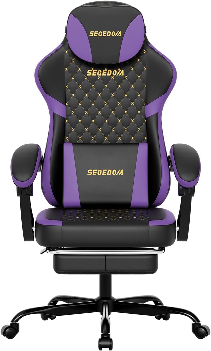 Ergonomic Gaming Chair with Footrest & Massage Lumbar Pillow, Height Adjustable 360° Swivel Computer Chair, Linked Armrest & Headrest for Office Gaming (Black Purple)