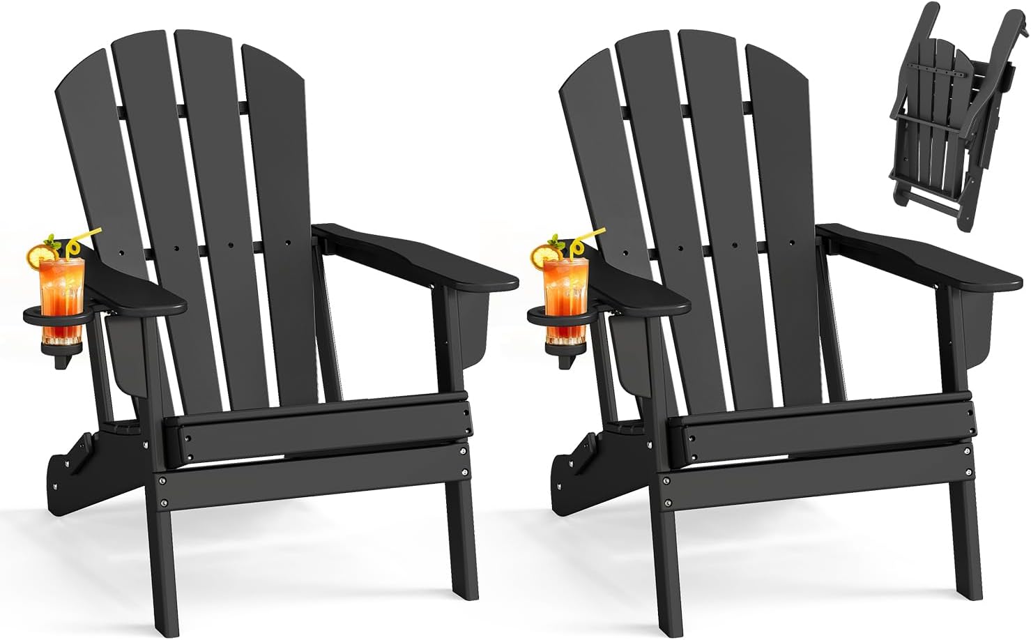 BRIOPAWS Folding-Adirondack-Chairs Set of 2 | HDPE Plastic | Fire Pit Chair | Cup Holder | Curved Back | All Weather| for Outdoor Backyard Deck Patio | Black