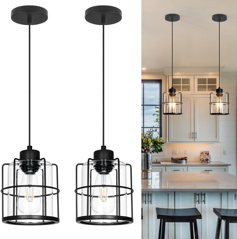 Industrial Black Pendant Lights Kitchen Island, Glass Island Pendant Lights Set of 2, Small Ceiling Kitchen Island Lights with Adjustable Cord, Farmhouse Hanging Light for Hallway Bathroom