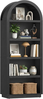 Bestier 76" Tall Arched Bookshelf, 5 Tier Arched Bookcase with Adjustable Book Shelves, Large Arch Wood Bookshelf, Modern Farmhouse Open Display Tall Bookcase for Bedroom, Home Office, Bedroom, Black