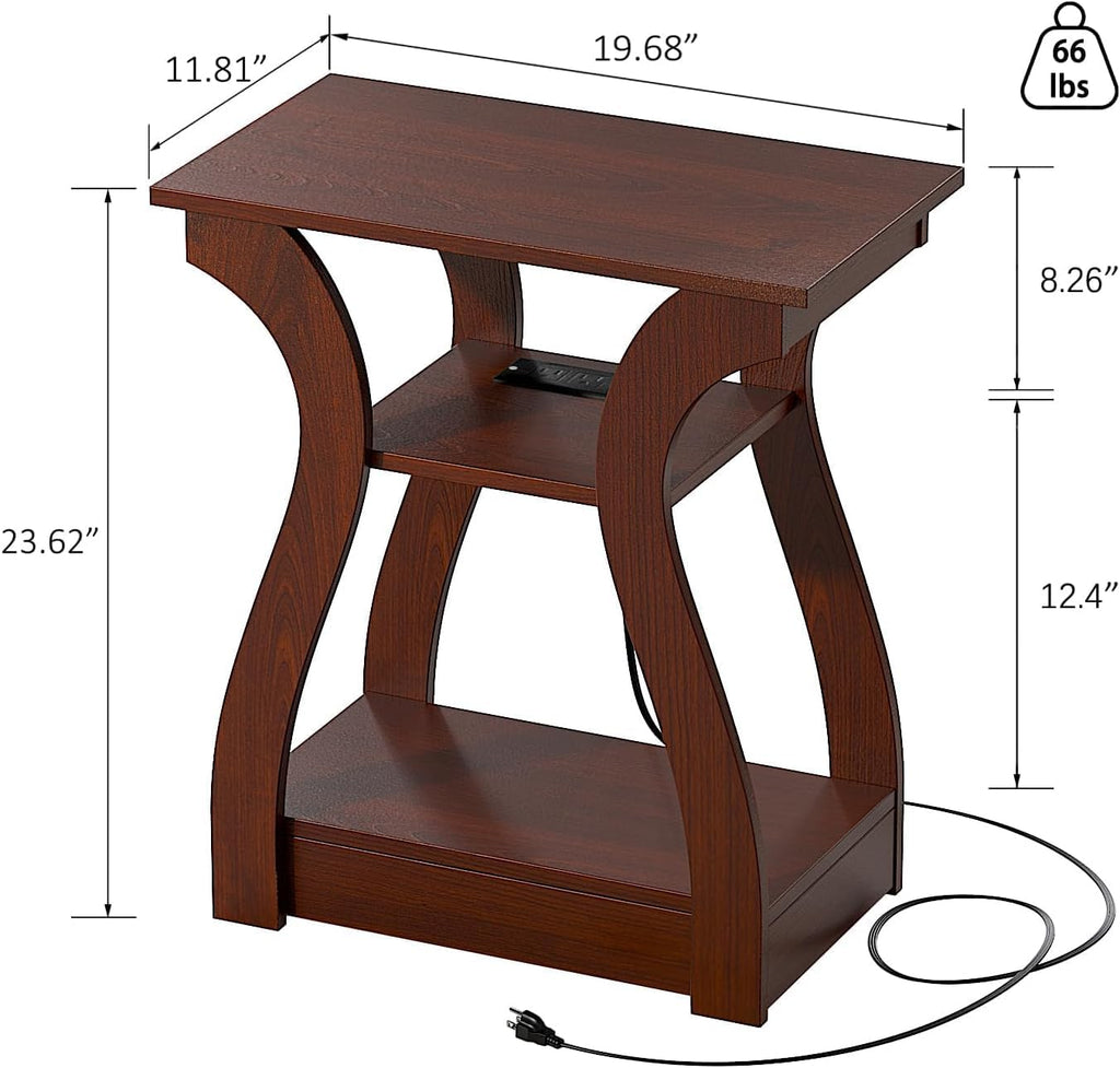FROMJBEST End Table with Charging Station, Side Table with USB Ports and Outlets, 3 Tier Nightstand Sofa Table for Small Spaces, Beside Table with Storage Shelf for Living Room, Bedroom, Cherry