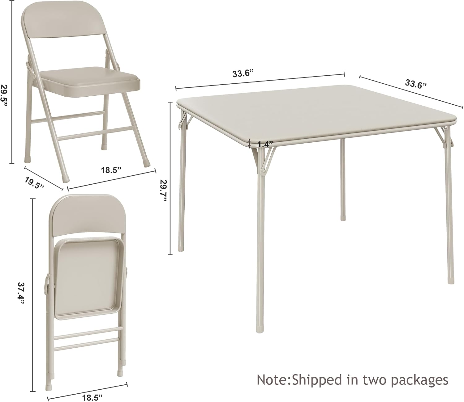 Folding Portable Card Table and Foldable Chair Set of 5, Pu Upholstered Foldable Chairs and Table With Metal Frame, Folding Table and Chair Suitable for Dining Room, Living Room, Office, Camping-Beige