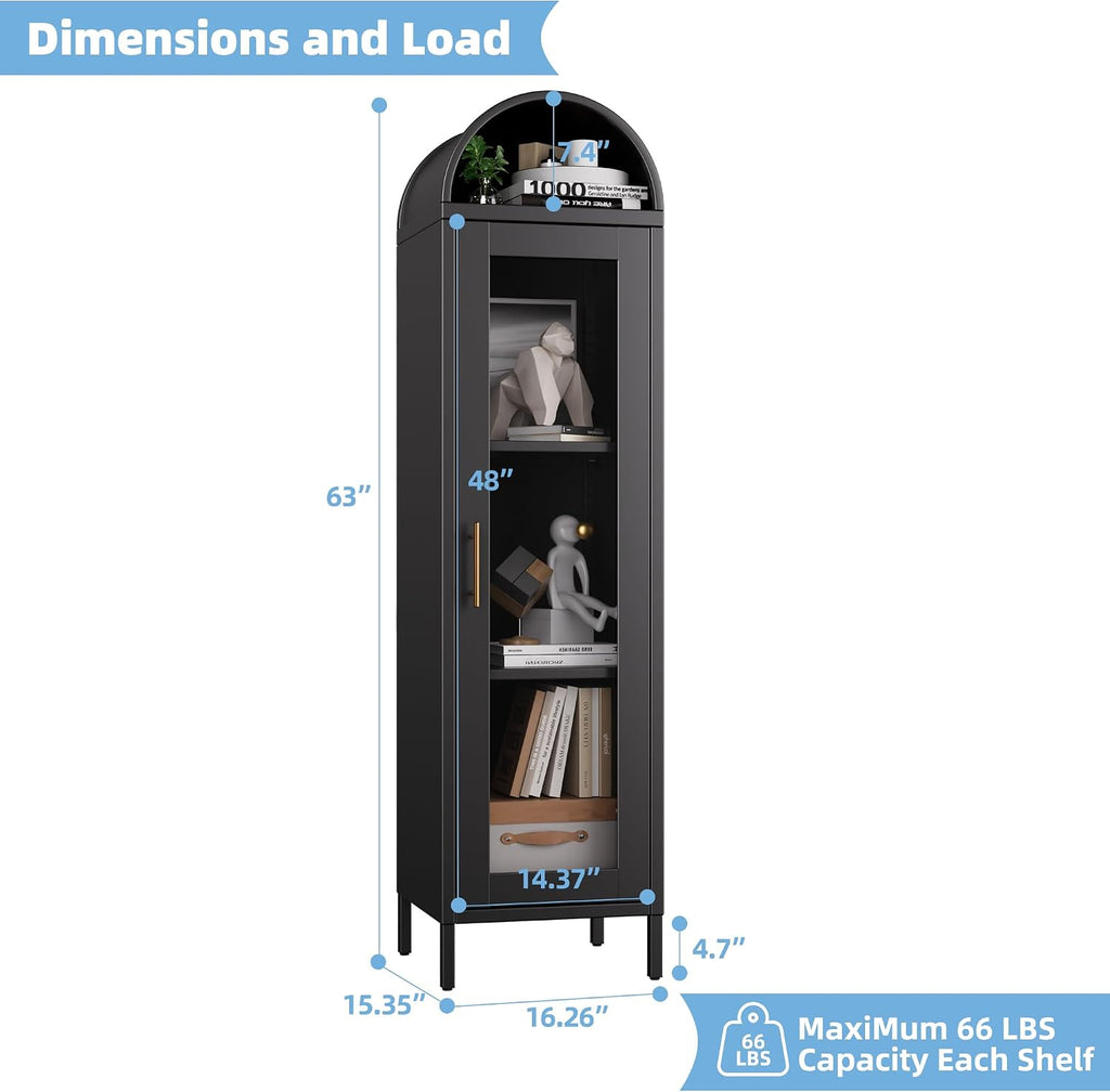 METAN Tall Metal Arched Display Cabinet with Glass Door, Narrow Freestanding Storage Cabinet for Home Bar & Living Room, Black Steel Curio Bookshelf, 15" D x 16" W x 63" H, Assembly Required