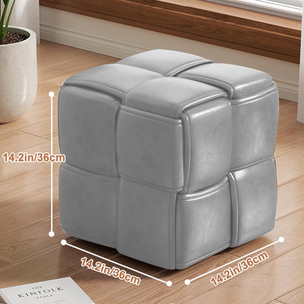 Timati PU Leather Ottoman and Foot Rest, Square Makeup Stool with Solid Wood Frame, Modern Cube Design Padded Sofa Seat Foot Rest Stool for Sofa, Living Room, Bedroom, Dining Room, Balcony (Gray)