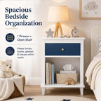 Kids Nightstand with One Drawer, Modern Wood Bedside Table with Open Storage Shelf, Night Stand End Table for Boys Girls Bedroom (Navy, White)