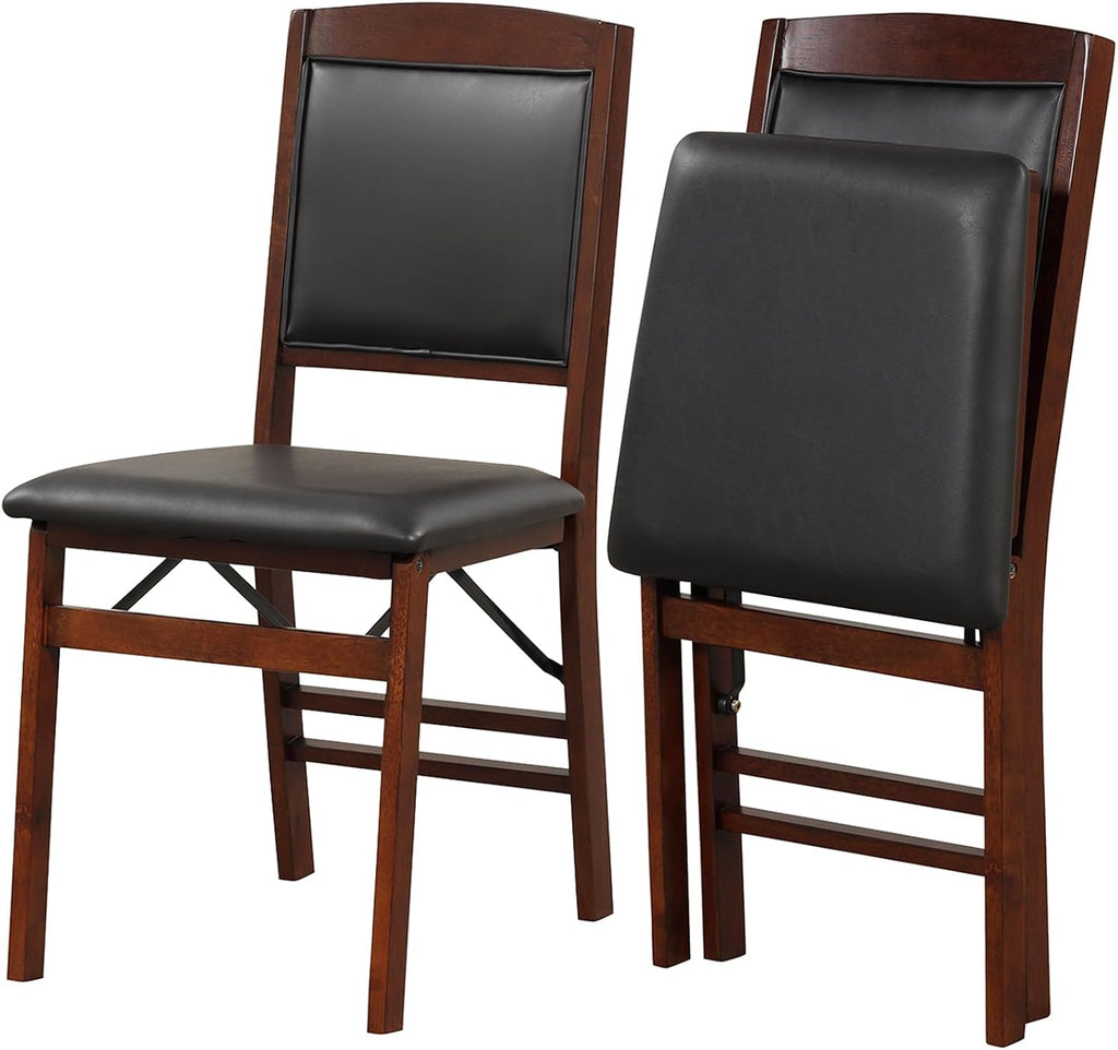 COSTWAY Solid Wood Folding Dining Chairs Set of 2 with Padded Seat, Brown | 400 LBS Load Bearing, No Assembly Needed, Upholstered PVC Leather Seat and Back, Vintage Foldable Chairs for Dining Room