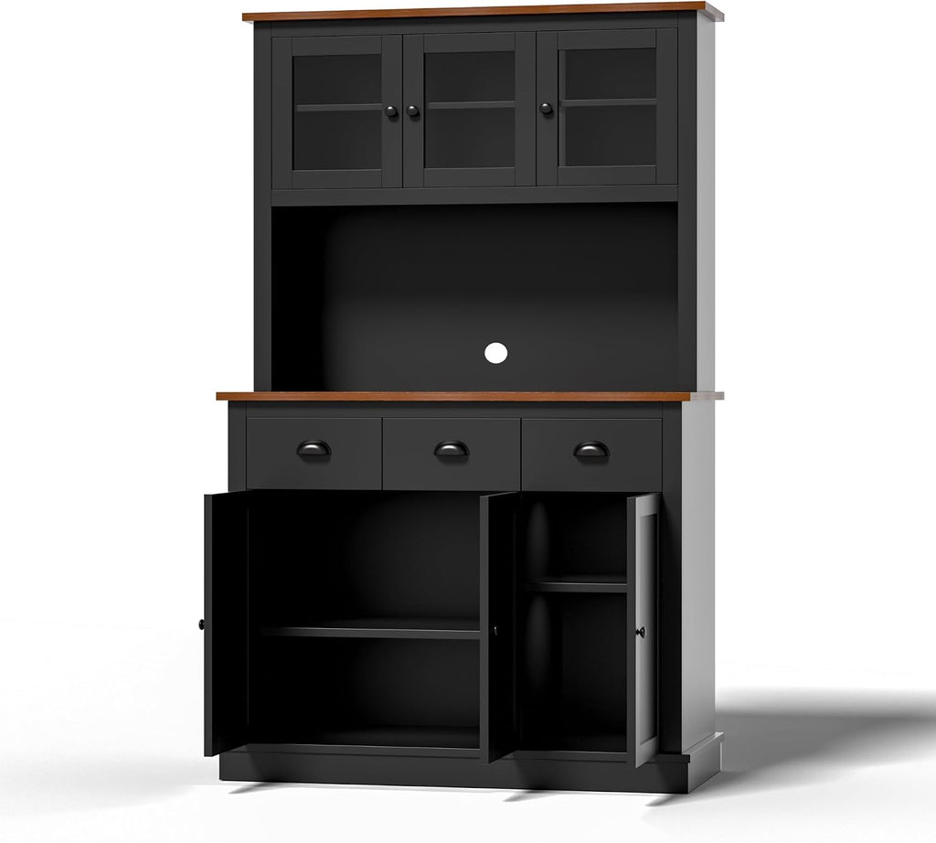 MU 71" Kitchen Pantry Cabinet with Charging Station, Tall Pantry Hutch with Drawers, Countertop & Microwave Shelf, Food Storage Cabinet for Dining Room & Coffee Bar, Black