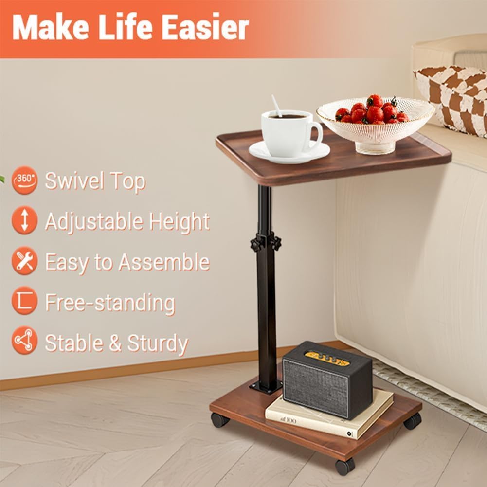 C Table End Table Adjustable Height for Couch, 360°Swivel TV Tray Table, Couch Tables That Slide Under for Eating on Couch, Bedroom or Livingroom Laptop-Table for Couch Side Desk with Wheels