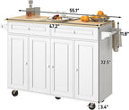 Squireewo 55" Kitchen Cart with Wood Top and Drop Leaf Breakfast Bar, Rolling Mobile Kitchen Island Table on Wheels with Drawer and Storage Cabinet, Spice Rack, Towel Rack, White