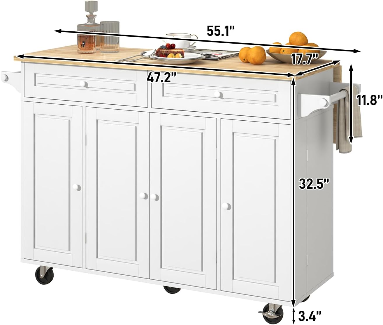 Squireewo 55" Kitchen Cart with Wood Top and Drop Leaf Breakfast Bar, Rolling Mobile Kitchen Island Table on Wheels with Drawer and Storage Cabinet, Spice Rack, Towel Rack, White