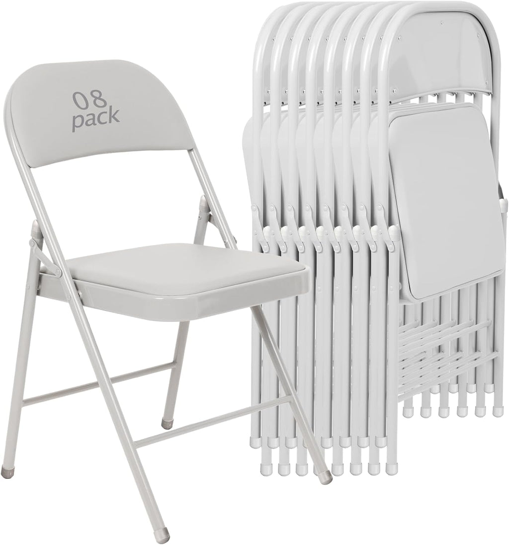 8 Pack Padded Folding Chairs, Heavy Duty Metal Frame with PU Leather Seat & Back, 350 lbs Capacity Portable Stackable Indoor Outdoor Chairs for Party Wedding Office(White, 8 Pack)