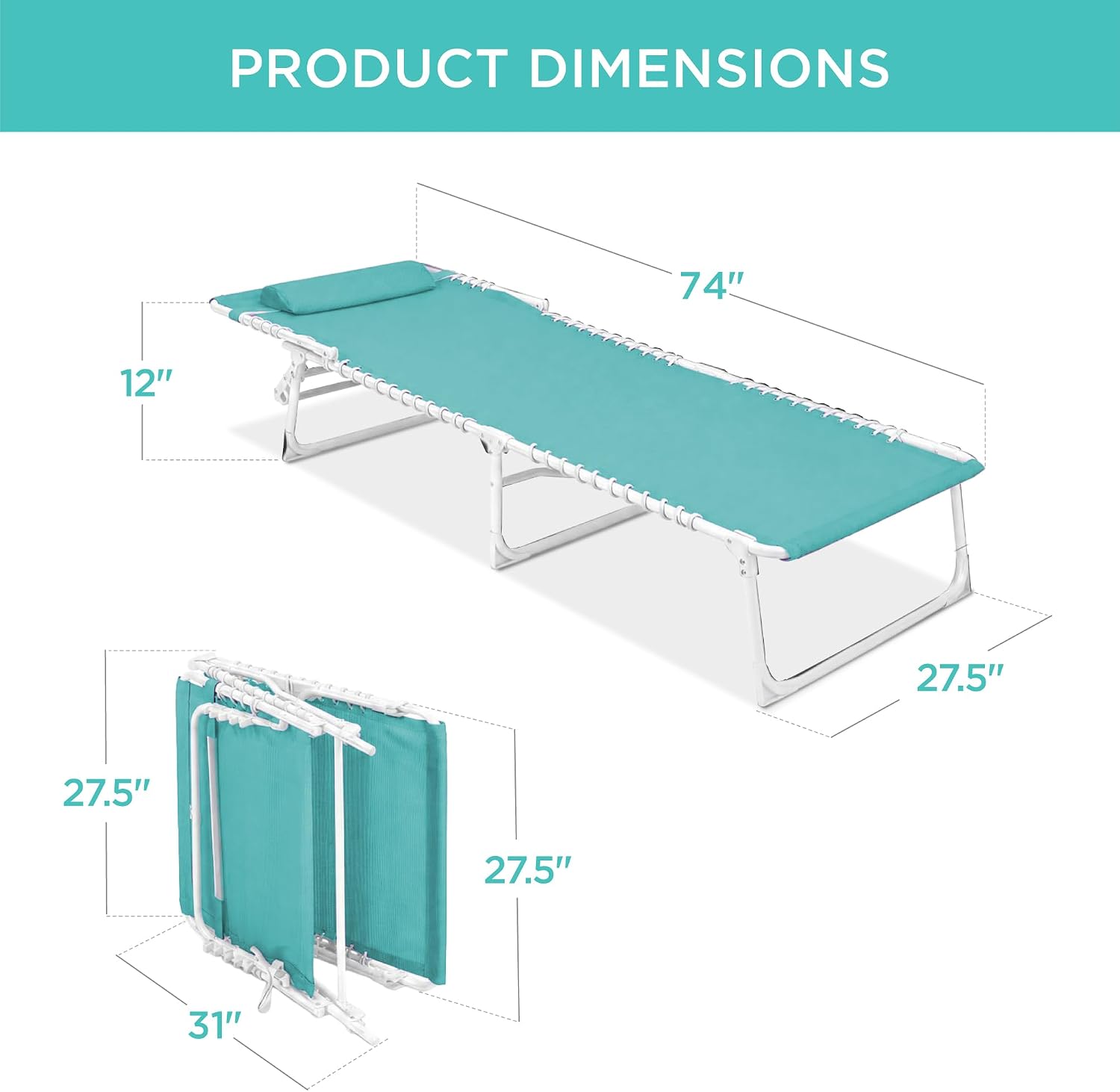 Best Choice Products Patio Chaise Lounge Chair, Portable Outdoor Folding Recliner for Lawn, w/ 8 Positions, Handles, 300lb Capacity - Light Blue/White