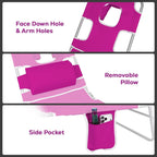 Romswi 1PK Folding Tanning Beach Chair with Face Hole & Canopy Shade, 5-Position Reclining Sun Lounger, Portable Face Down Tanning Chair with Arm Holes & Side Pocket for Beach, Pool & Patio, Neon Pink