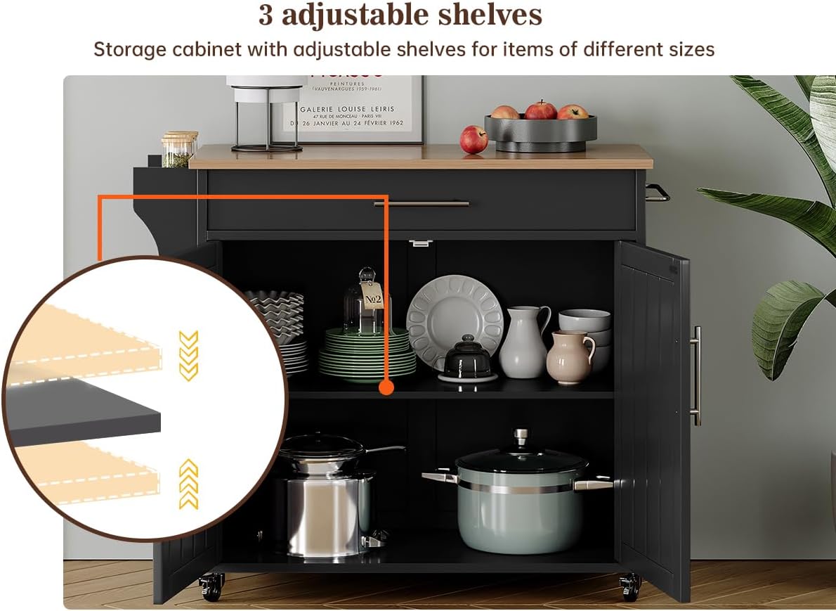 Kitchen Storage Island, Wooden Rolling Kitchen Island On Wheels with Countertop, Mobile Kitchen Island Cart with Towel Rack, Spice Rack and Drawers, Black
