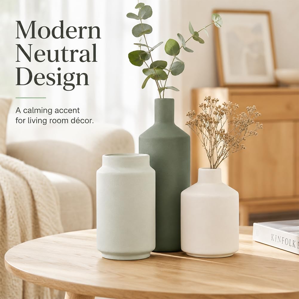 Modern 3 Piece Ceramic Vase Set - Minimalist Home Decor Vases for Living Room, Bedroom, or Entryway - Modern Neutral Table Decor for Flowers or Greenery, Shelf and Mantel Accent