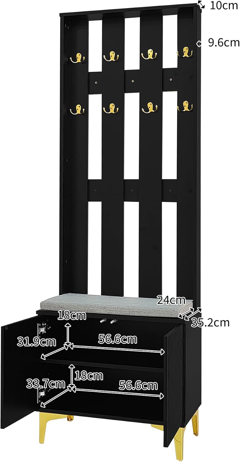 Stylish Multifunctional Entryway Wardrobe Set Black Shoe Bench with Hooks Push to Open Door Adjustable Shelves Wave Pattern Cabinet Leatherette Cushion Gold Metal Legs Vertical STO