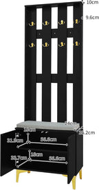 Stylish Multifunctional Entryway Wardrobe Set Black Shoe Bench with Hooks Push to Open Door Adjustable Shelves Wave Pattern Cabinet Leatherette Cushion Gold Metal Legs Vertical STO