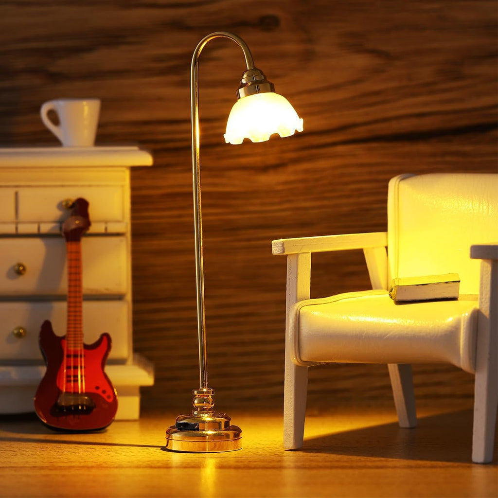 2 Pcs Miniature Dollhouse Floor Lamp, 1/12 Scale Battery Operated Mini Lamps, LED Lighting for Doll House Furniture Accessories, Gold Flower Shade Room Deco