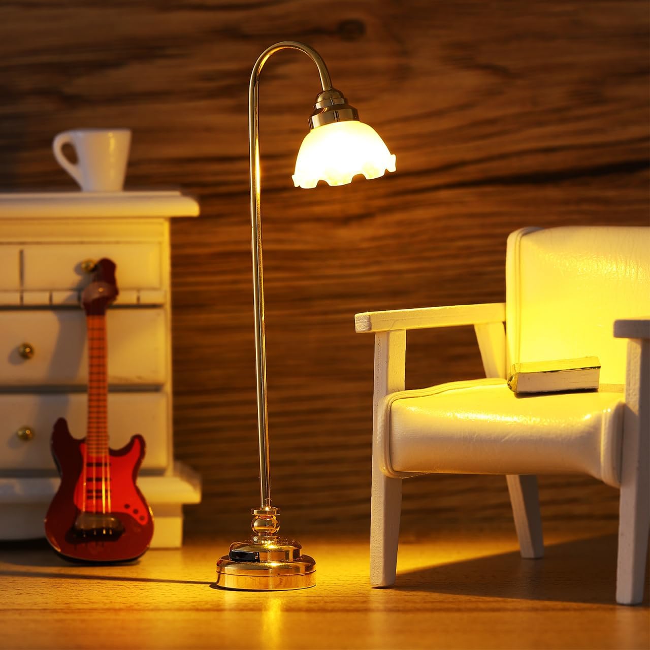 2 Pcs Miniature Dollhouse Floor Lamp, 1/12 Scale Battery Operated Mini Lamps, LED Lighting for Doll House Furniture Accessories, Gold Flower Shade Room Deco