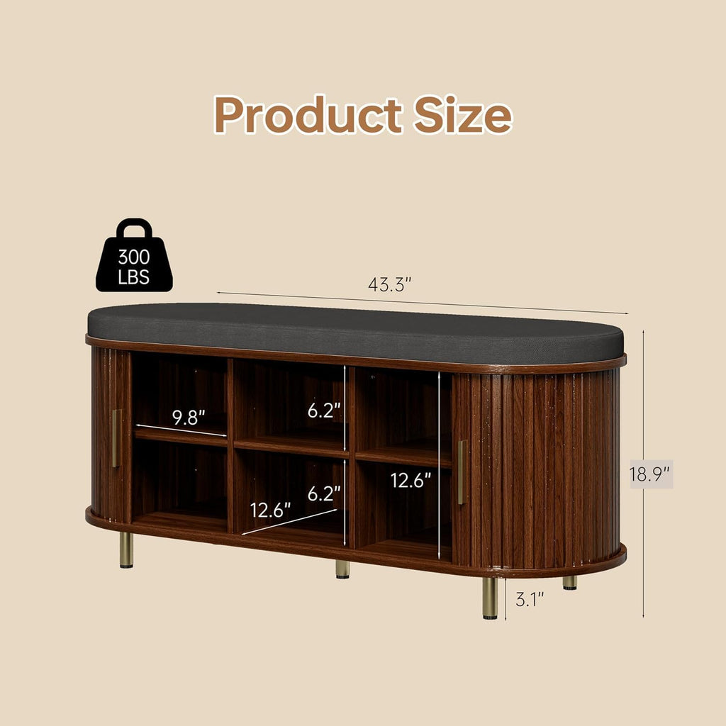 Entryway Bench with Storage: 43.31" Wooden Bedroom Shoe Bench with Thickened Padded Seat Cushion, Mid Century Modern Fluted Sliding Door and Adjustable Shelf, for Entryway, Living Room