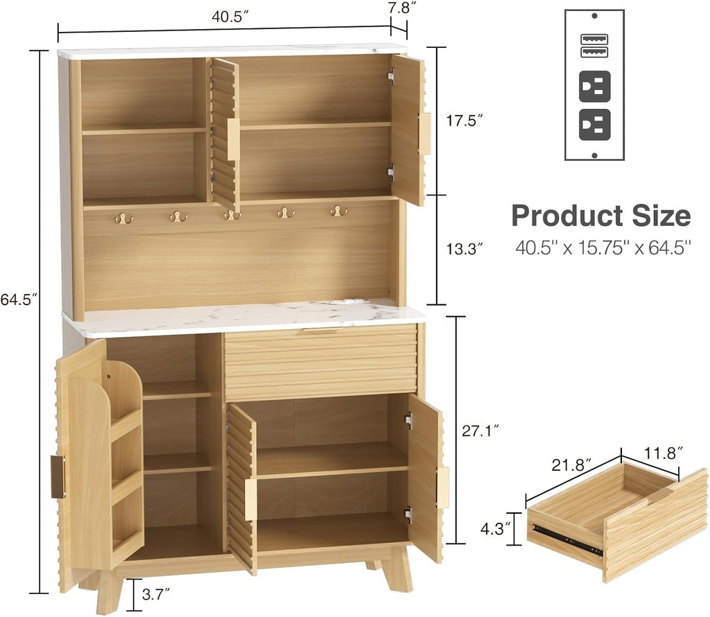 Vabches 65” Kitchen Pantry Storage Cabinet, Fluted Kitchen Hutch Cabinet with 4 Charging Stations and Large Countertop, Open Shelves & Drawers for Dining Room, Living Room,Modern, Natural