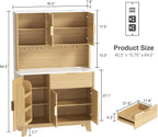 Vabches 65” Kitchen Pantry Storage Cabinet, Fluted Kitchen Hutch Cabinet with 4 Charging Stations and Large Countertop, Open Shelves & Drawers for Dining Room, Living Room,Modern, Natural