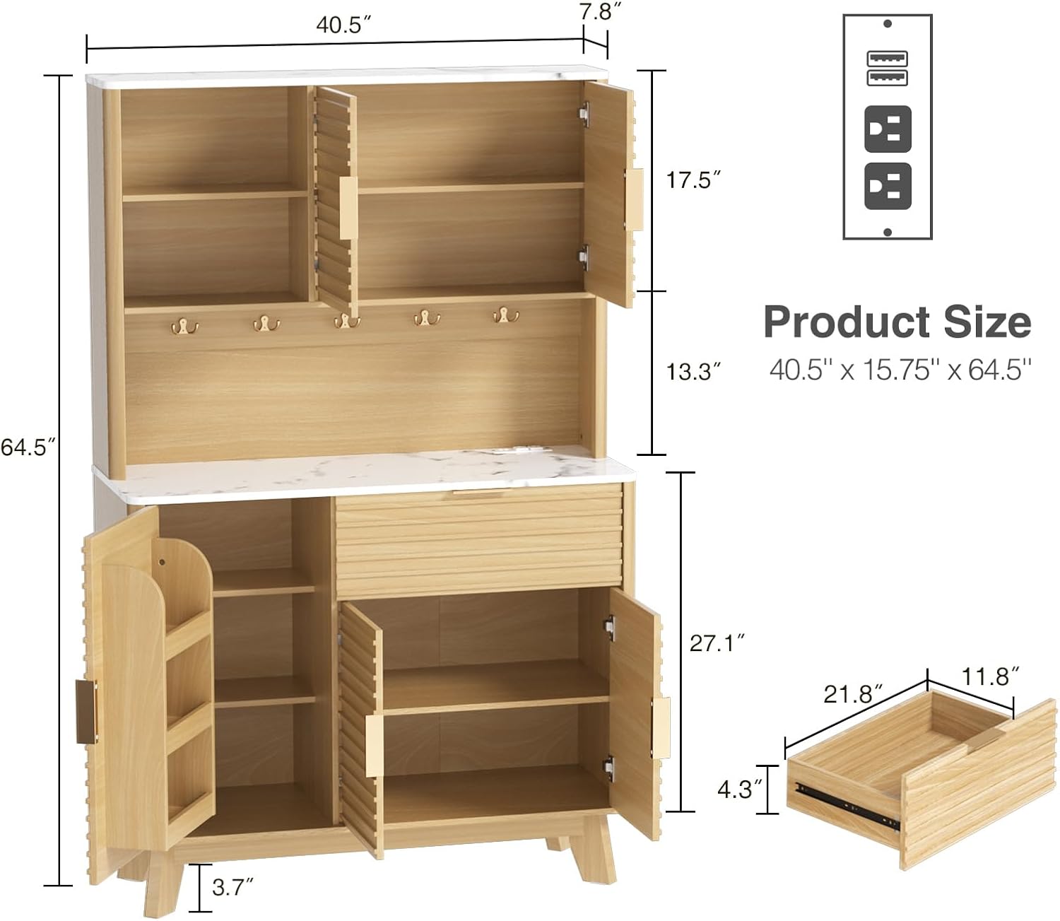 Vabches 65” Kitchen Pantry Storage Cabinet, Fluted Kitchen Hutch Cabinet with 4 Charging Stations and Large Countertop, Open Shelves & Drawers for Dining Room, Living Room,Modern, Natural