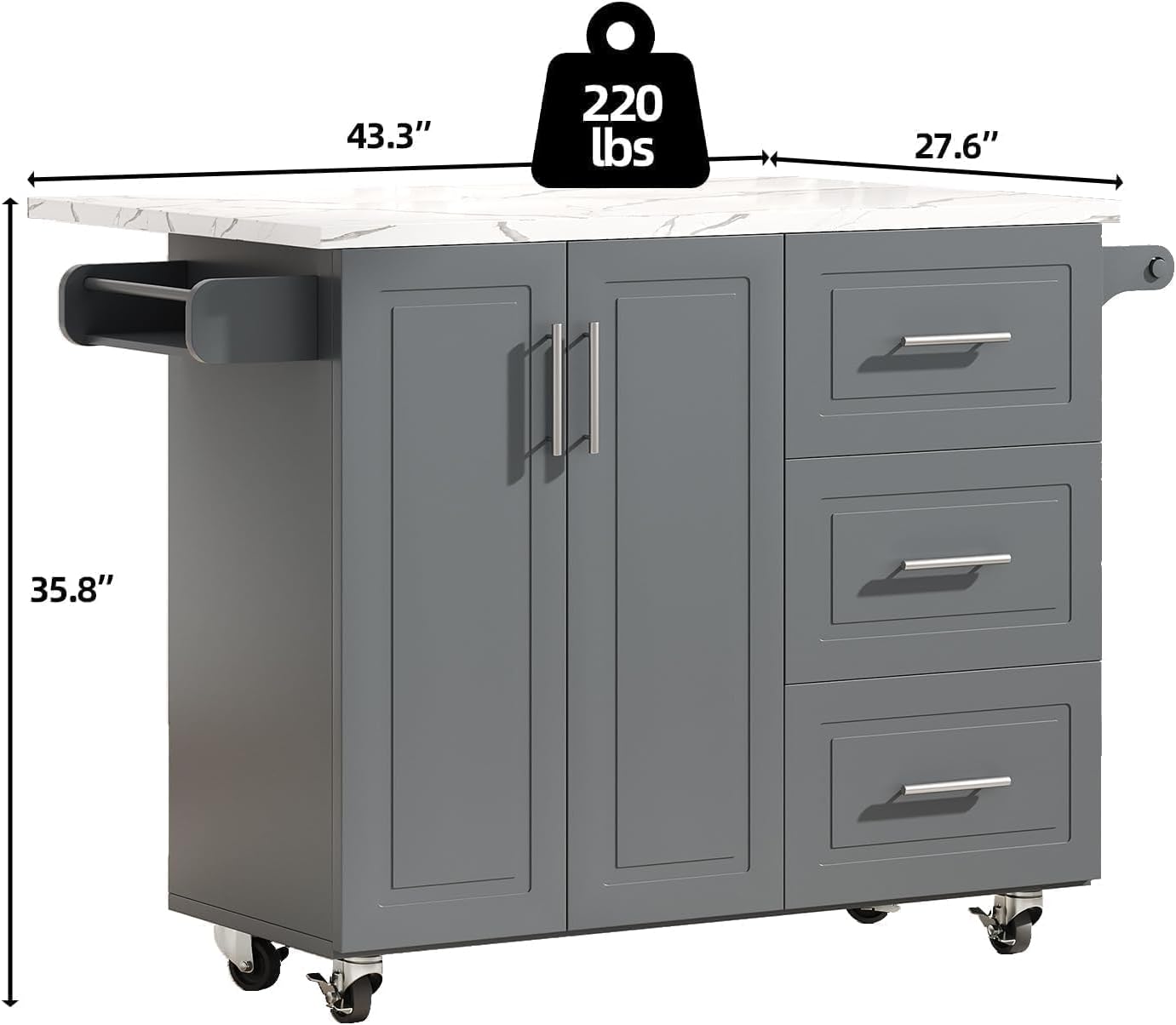 4 EVER WINNER Kitchen Island on Wheels with Storage and Drop Leaf, Faux Marble Texture Tabletop, 43" Kitchen Island Cart with Towel Rack & Spice Rack, Rolling Islands Cart for Kitchen, Gray