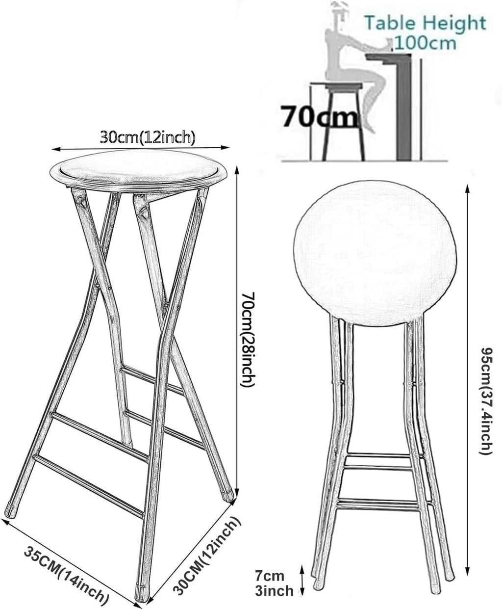Portable Folding Bar Stool with Steel Frame Legs for Adults White 24 Inch Foldable Kitchen High(White,70cm/28inch)