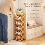 9-Tier Pre-Assembled Bamboo Storage Shelf — Foldable Bamboo Corner Shoe Rack | Space-Saving, Narrow Shoe Rack (No Assembly Required) — Ideal for Entryways, Closets, and Dorm Rooms (Brown, 9-Tier)