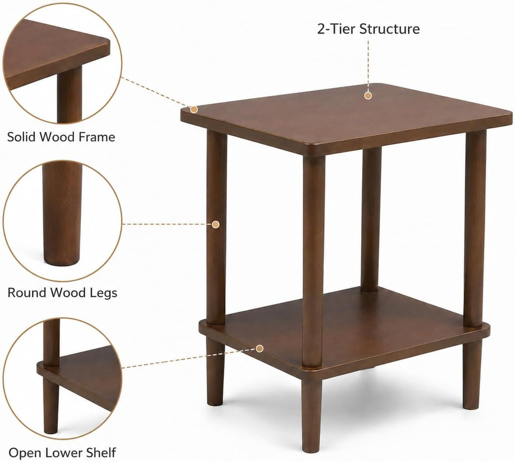 Solid Wood End Table, 2-Tier Side Table with Storage Shelf, Rubber Wood Nightstand for Living Room and Bedroom, Walnut Brown